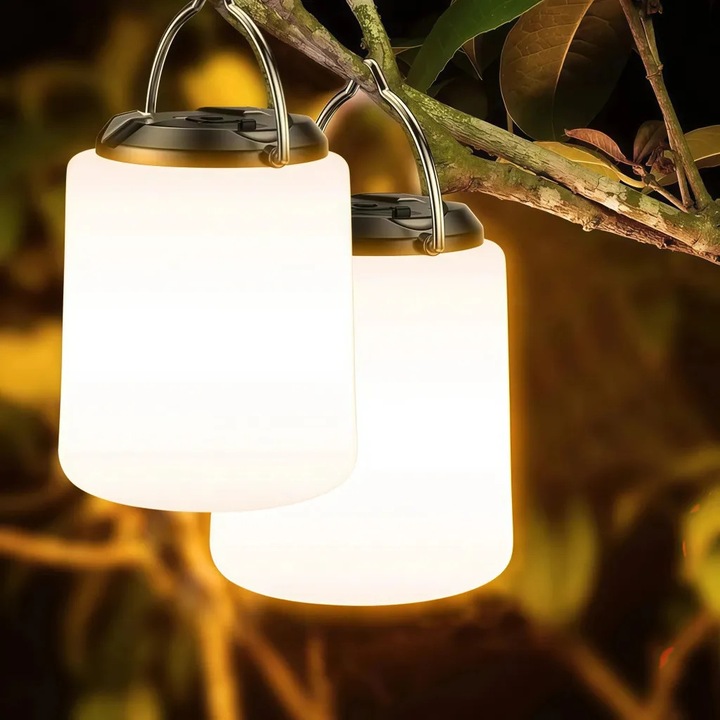 Set de 2 lampi de camping, 3000K lumina alba calda, 3 moduri de iluminare, 2600mAh, 10 ore autonomie, rezistent la apa