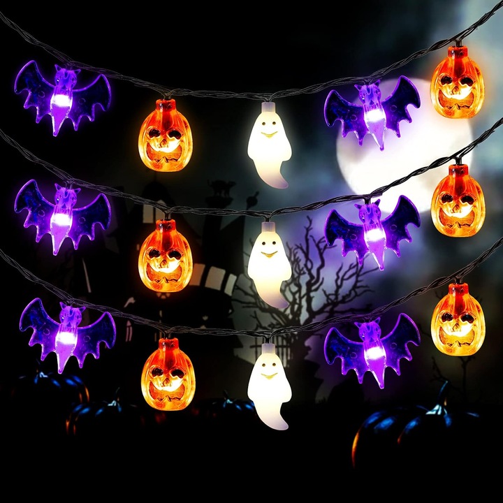 Halloween fények, 3 méter, 20 LED, tökök, szellemek és denevérek, időzítő funkció, 8 világítási mód, elemes működés