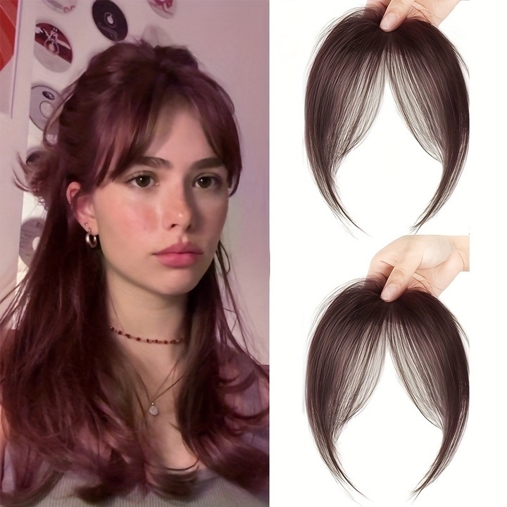 Extensie de par cu breton, brun inchis, voluminoasa, stil frantuzesc, set pentru femei