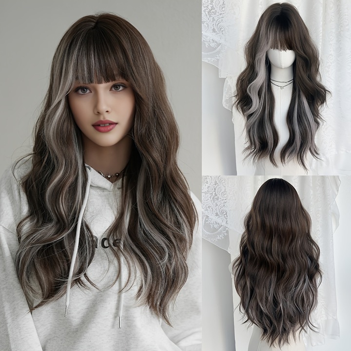 Peruca ondulata 70cm, cafea inchisa, volum mare, capac din plasa de trandafiri