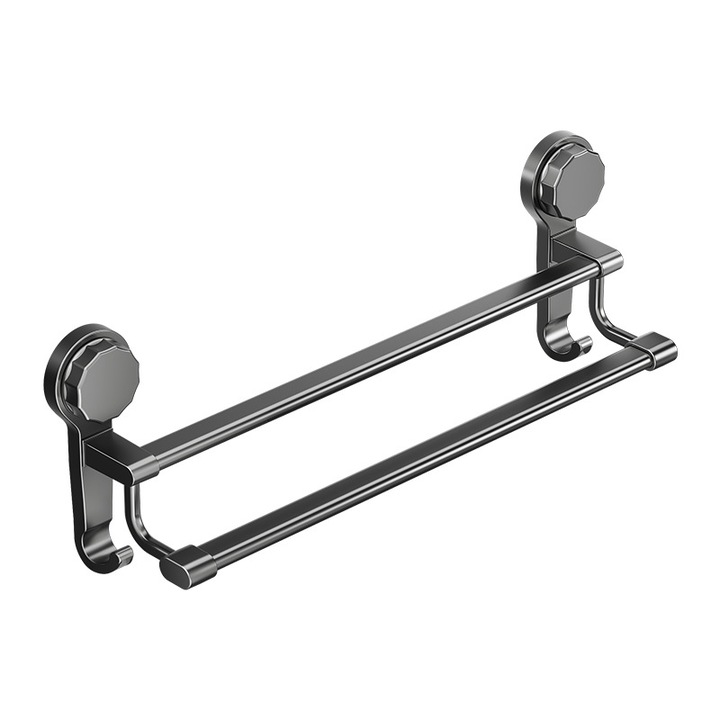 Suport pentru prosoape fara gauri, carlige duble rezistente, design minimalist, montare cu ventuze, organizator pentru baie