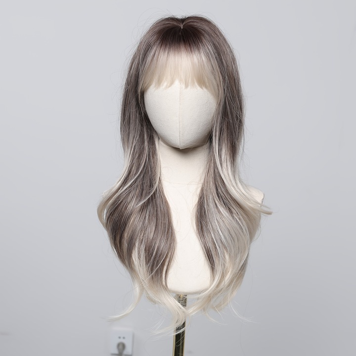 Peruca lunga ondulata cu gradient gri-aurie, 24 inch, cap din plasa de trandafir, set multifunctional pentru uz zilnic, munca si petreceri