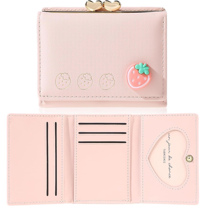 Portofel dama din piele, portcard cu model fructe, 7 sloturi pentru carduri, roz, 11x9x3.6cm