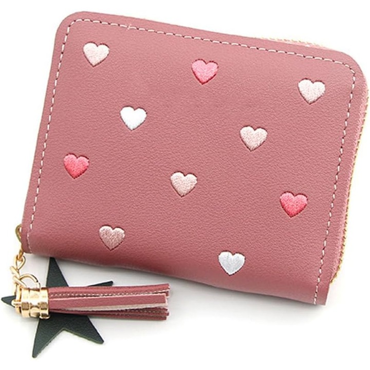 Portofel dama din piele ecologica, design elegant, 4 sloturi pentru carduri, 2 buzunare pentru monede, roz, 9x11cm