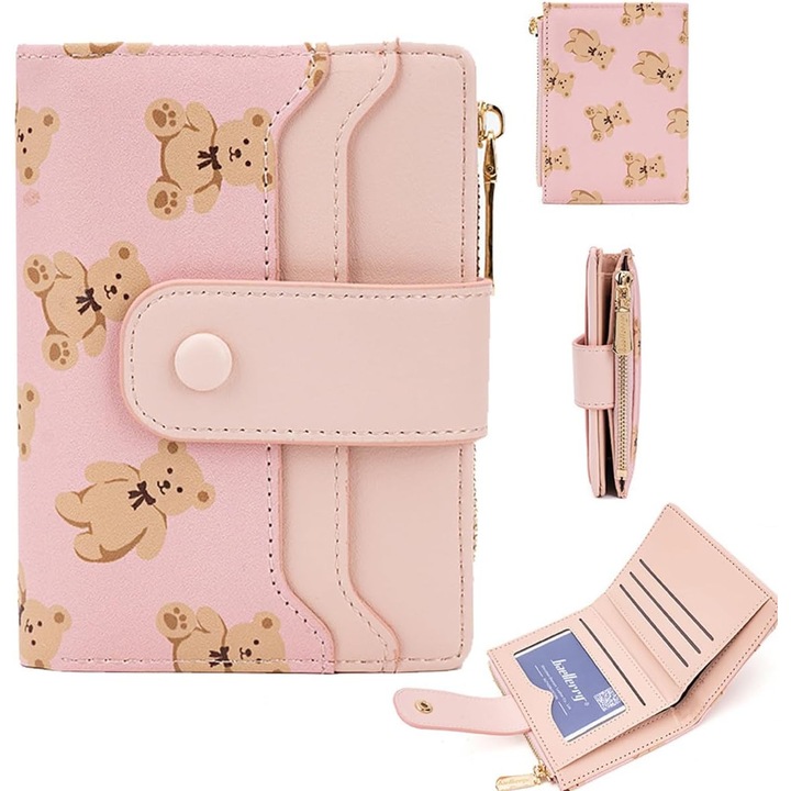 Portofel dama, roz, dimensiuni 9x2x12.5cm, compartimente multiple, design cu fermoar