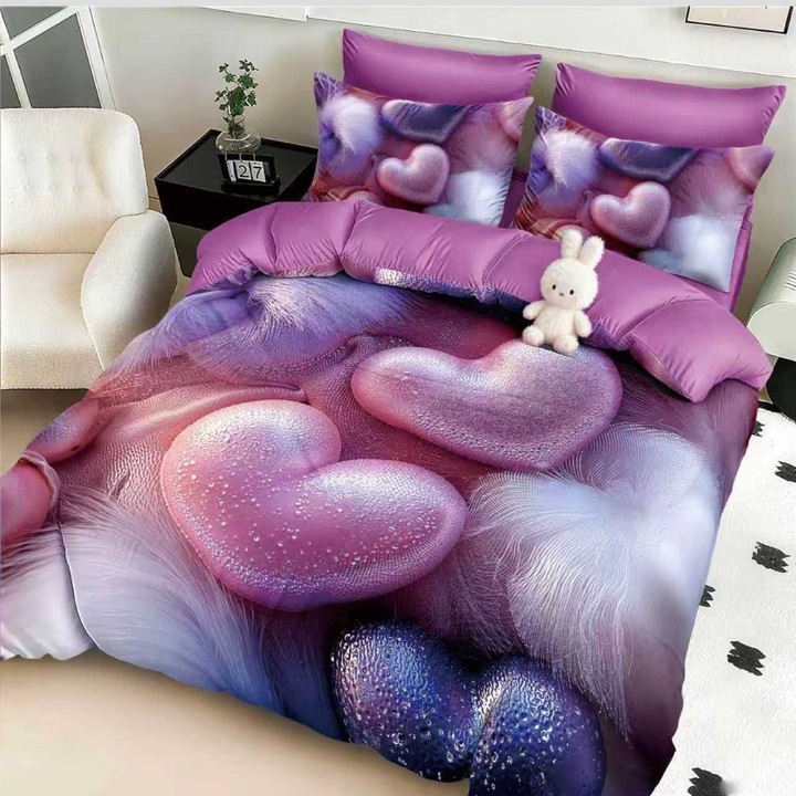 Set lenjerie de pat dublu, 6 piese, bumbac satinat, 180 x 200 cm, multicolor, Casa de Vis, 5D-03