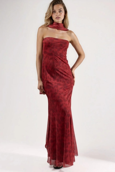 Rochie maxi bodycon HiCCUP, imprimeu floral, rosu, tul, fara bretele