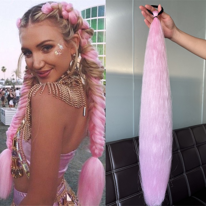 Extensii de par roz pentru coada de cal (set 2) | Impletitura boxer din fibra sintetica | Banda elastica