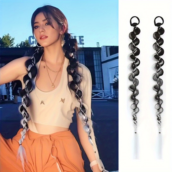 Set extensii de par dreadlock, negru si alb, coada lejera, fixare cu banda elastica, fara daune