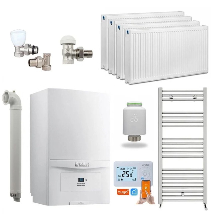 Pachet Economie si Eficienta - Centrala termica pe gaz/GPL in condensare Vaillant ecoTEC pure VUW 286/7-2, 26.1 kW, incalzire si ACM, Kit de evacuare inclus, calorifere, robineti tur/retur, cap termostatic Wi-Fi si termostat inteligent KOPH I302