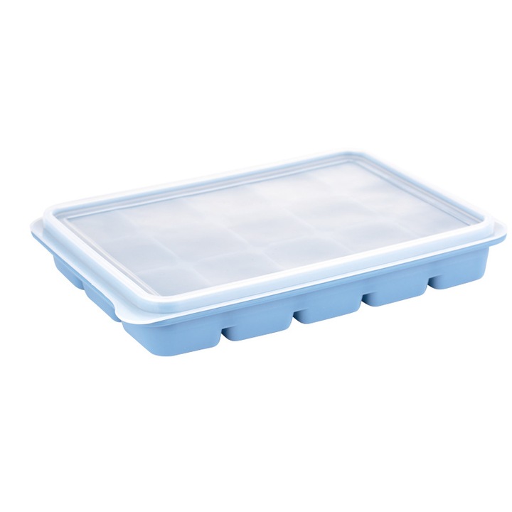 Forma cuburi de gheata, 15 cuburi, capac, plastic, transparent/albastru