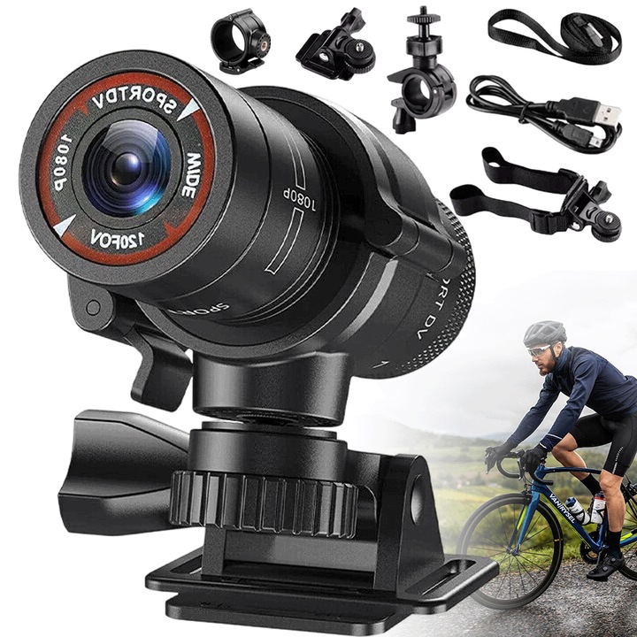 Camera video sport Juksun, 1080P, unghi larg 120, impermeabila, 2 ore inregistrare, suport microSD 128GB