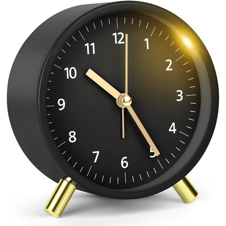 Ceas desteptator analogic, fara ticait, rotund, cu iluminare nocturna, negru, alimentat cu baterii