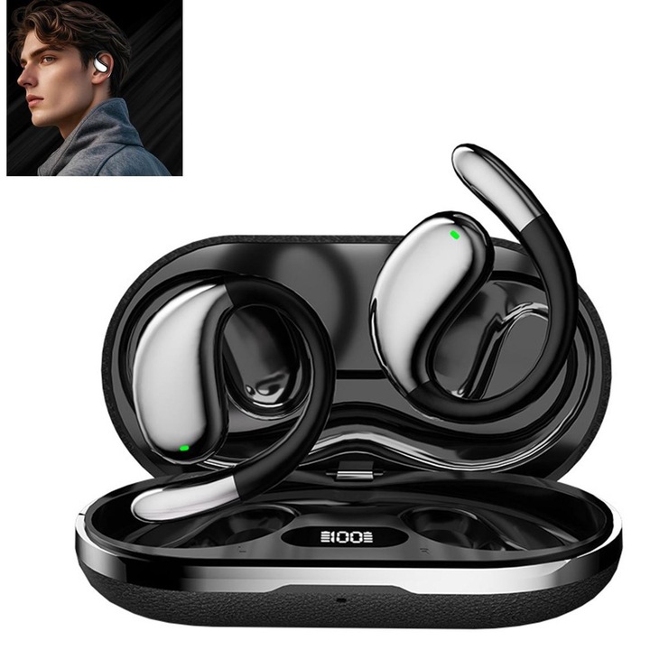 Casti wireless cu traducere AI, design ergonomic, anulare zgomot, culoare neagra, autonomie 80 ore