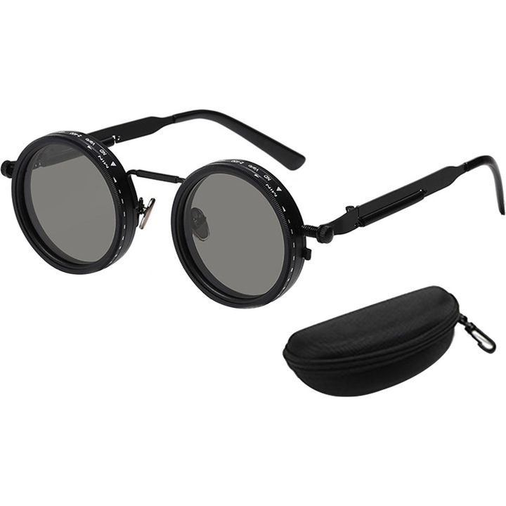 Ochelari de soare rotunzi, lentile polarizate cu nuanta ajustabila (1-9 niveluri), filtru ND, culoare neagra, dimensiune lentila 4.3cm