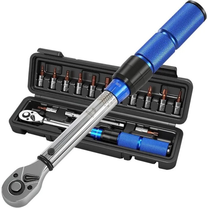 Cheie dinamometrica 1/4 inch, 2-24 Nm, 72 dinti, cu bara de extensie 100mm, set de biti hexagonali si Phillips