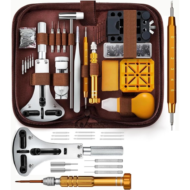 Set de unelte pentru repararea ceasurilor, 149 piese, din otel inoxidabil 304, cu husa de nylon, pentru ajustarea bratarii si schimbarea bateriilor