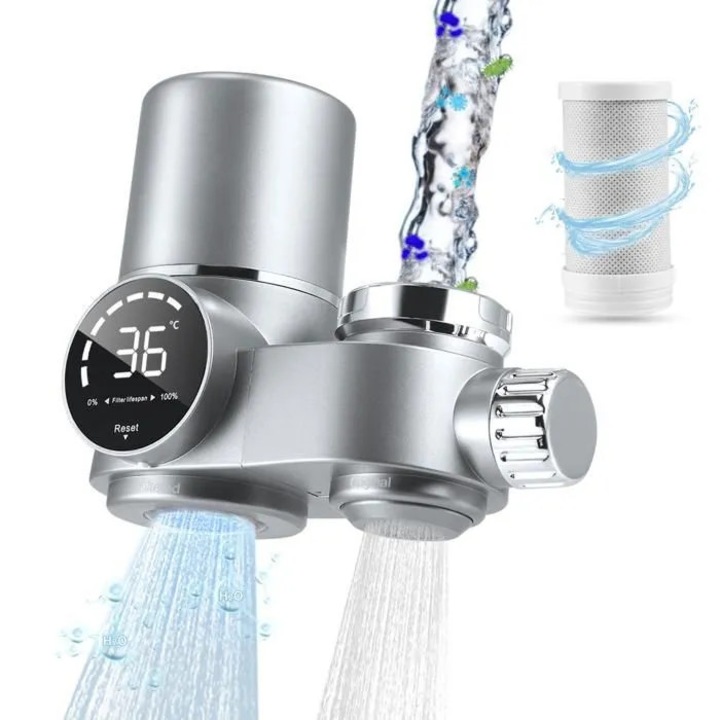 Purificator de apa pentru bucatarie cu display LED, filtru din carbon activ, moduri de apa filtrata si nefiltrata, tehnologie UV, dimensiuni 30x10x5cm