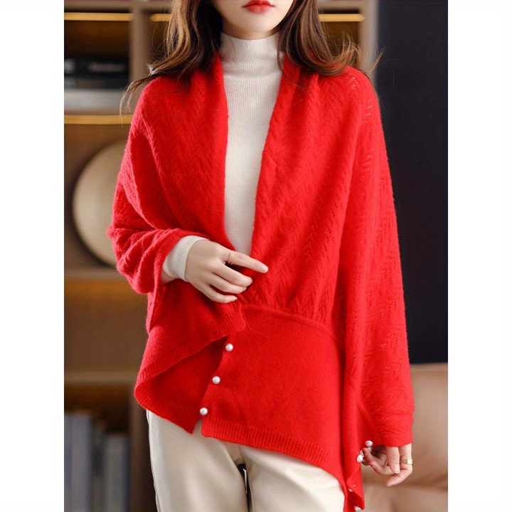 Sal elegant din casmir si lana, cu nasturi din perla, rosu, versatil, accesoriu calduros si rezistent la vant