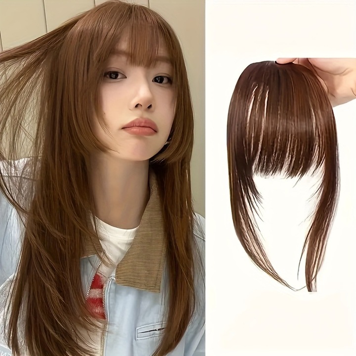 Peruca extensie par pentru femei, extensie par frontala invizibila, breton aer, culoare maro, set de accesorii par