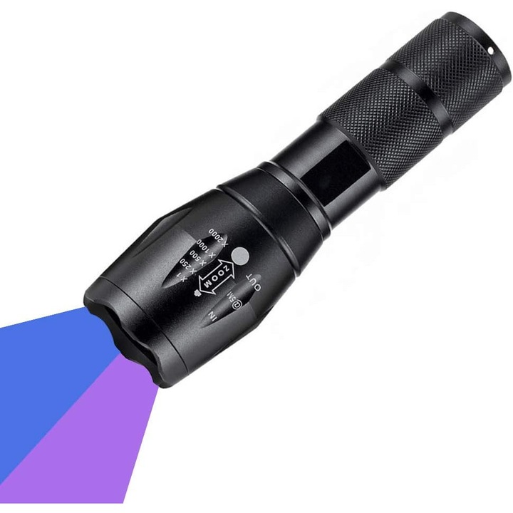 Lanterna UV zoomabila, 365nm si 395nm, detector de urina pentru animale, rezistenta la apa, neagra
