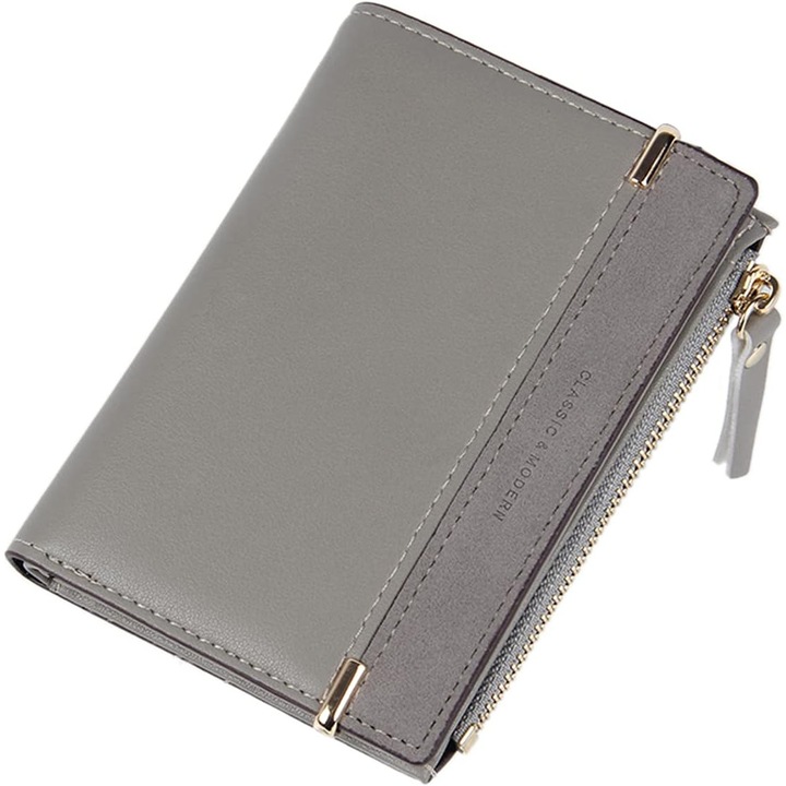 Portofel dama, gri, piele PU moale, 6 sloturi pentru carduri, 1 compartiment principal, dimensiuni 9x2x11.6cm