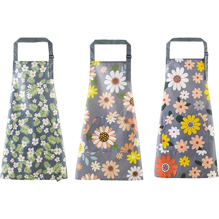 Set 3 sorturi de bucatarie cu design floral, impermeabile, ajustabile, 70x65cm