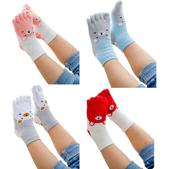Set de 4 perechi sosete pentru copii, bumbac, design cu degete separate, multicolor, 3-12 ani
