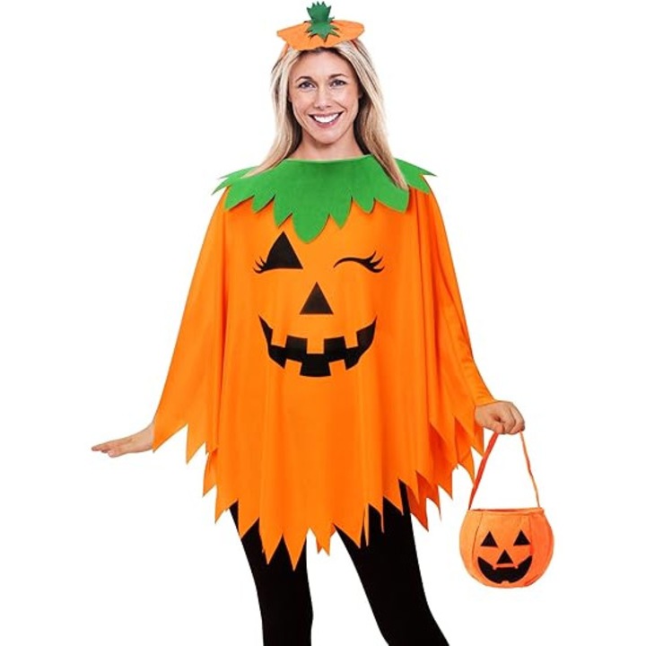 Costum de Halloween pentru femei, capa dovleac, set 3 piese, cu bentita si sac, marime unica