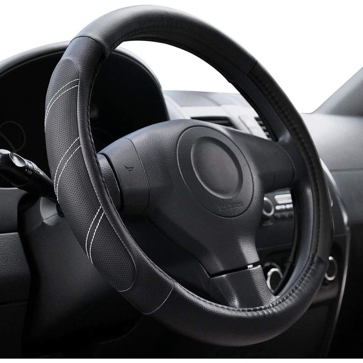 Husa volan auto, 15 inch, din piele carbon, design bicolor, antiderapant, pentru SUV-uri si camioane