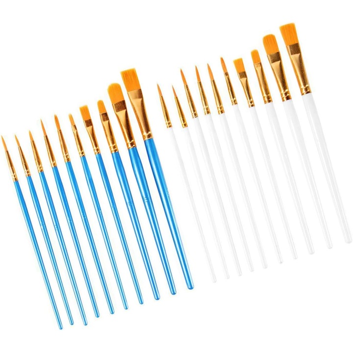 Set 20 pensule pentru pictura, 10 albastre si 10 albe, dimensiuni diferite, materiale de calitate, usor de curatat