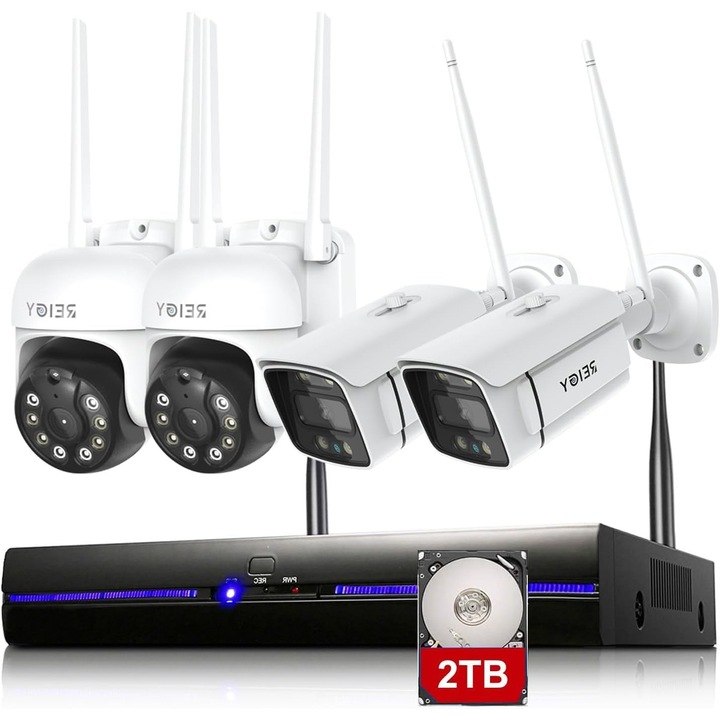 REIGY Vezeték Nélküli Kamera Megfigyelő Készlet 2TB Merevlemezzel, 5MP WIFI Kültéri/Beltéri Biztonsági Rendszer 10CH NVR 4x Kamera 1920P, színes éjjellátó, PTZ, Kétirányú Audio