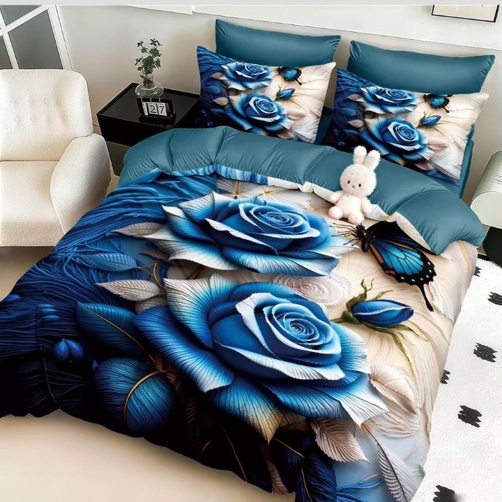 Set lenjerie de pat dublu, 6 piese, bumbac satinat, 180 x 200 cm, multicolor, Casa de Vis, 5D-13