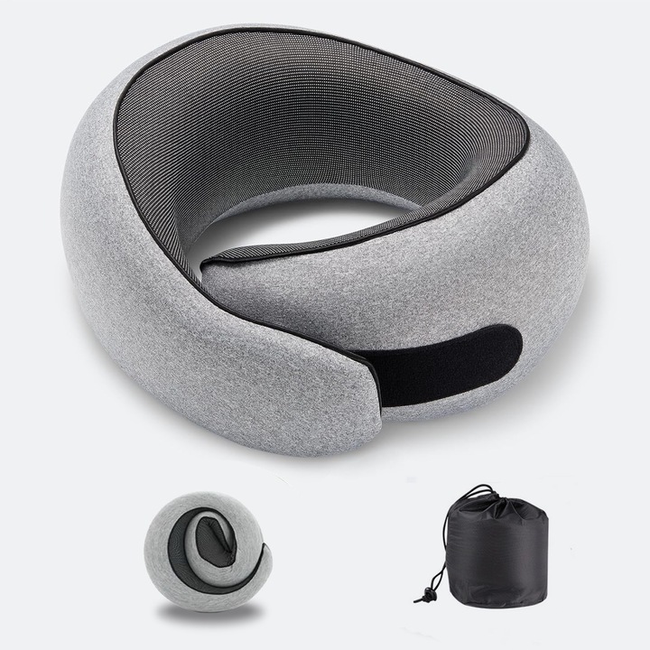 Utazópárna, 100% memóriahab, ergonomikus nyaktámasz, világosszürke, összecsukható
