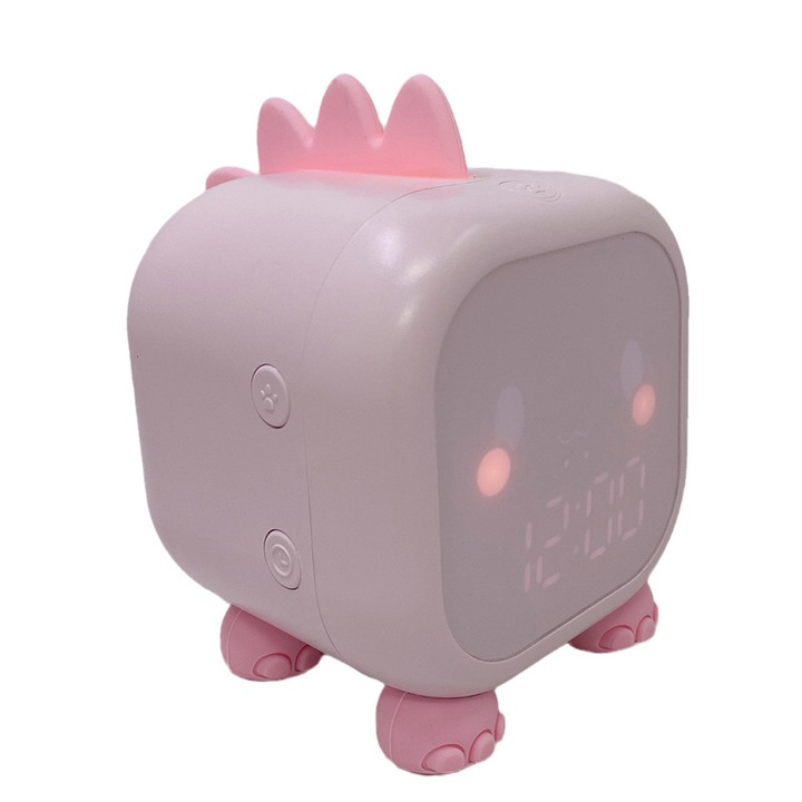 Ceas de alarma pentru copii, antrenor de somn, dinozaur, schimbare de culoare, cu lumini de noapte, roz