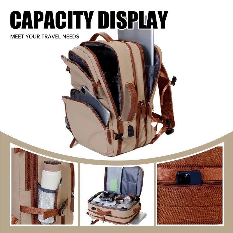 Rucsac laptop unisex, extensibil, impermeabil, bej, 45x31x22cm, capacitate 20-35L