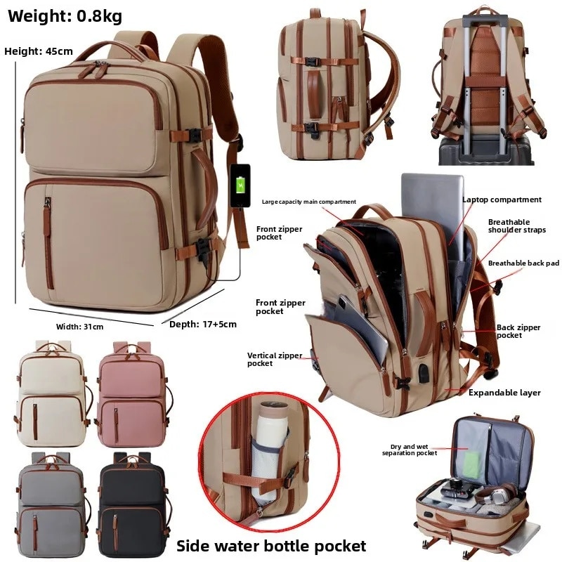 Rucsac laptop unisex, extensibil, impermeabil, bej, 45x31x22cm, capacitate 20-35L