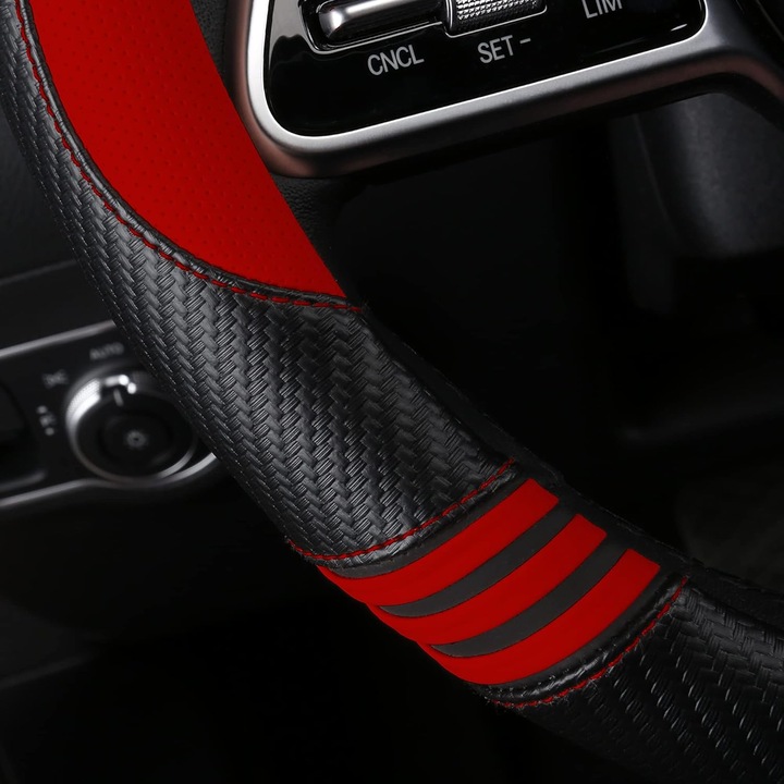 Husa volan auto, design pisica, carbon fiber PU leather, rosie, dimensiune standard 14.5-15 inch (37-38 cm)