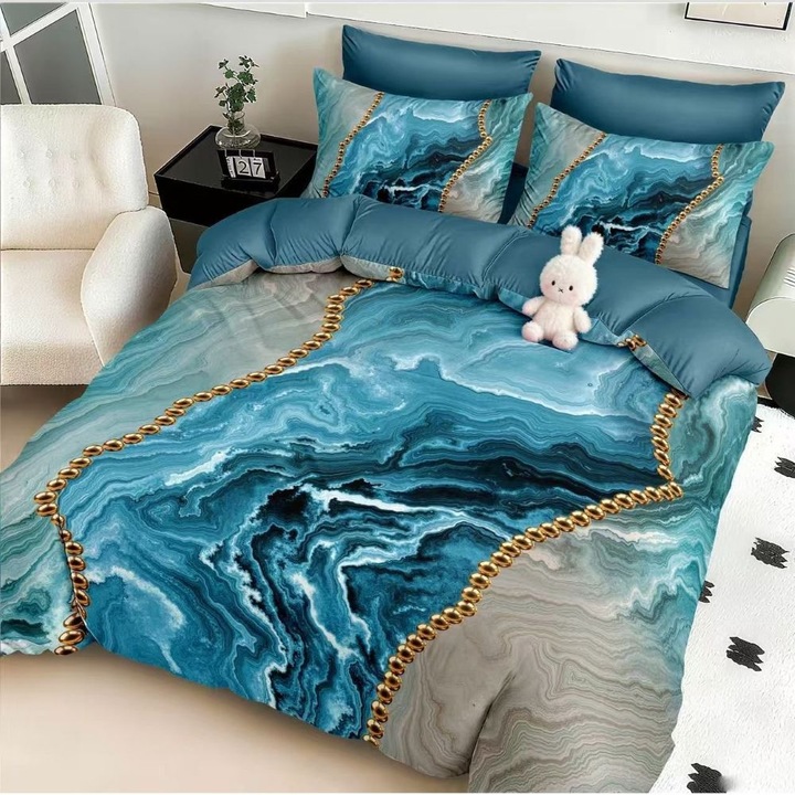 Set lenjerie de pat dublu, 6 piese, bumbac satinat, 180 x 200 cm, multicolor, Casa de Vis, 5D-18