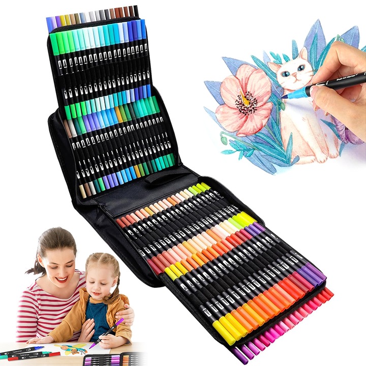 Juksun Set de 120 Creioane Colorate, markere cu doua varfuri (0.4mm fin + 1-2mm moale), cerneala pe baza de apa, non-toxica, fara miros, uscare rapida, Solutie Portabila si Eleganta