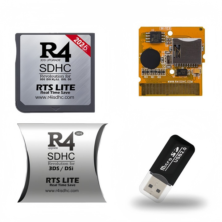 Card R4 SDHC RTS LITE 2026 pentru Nintendo DS/DSi/3DS, Compatibilitate Universala, pentru console New 2DS/3DS/LL/XL NDSL NDSI, Suporta MicroSD pana la 128GB, Functie RTS pentru Salvare in Timp Real, Argintiu