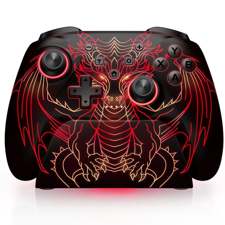 Controler de gaming, Controller wireless, Design cu dragon，joystick-uri cu efect Hall, RGB，LED 7 Culori, conectivitate Cablu/Bluetooth/2.4Ghz, acumulator 1000mAh, Charging Dock, 1000Hz，Android, iOS, PC, Switch/Switch 2, Negru