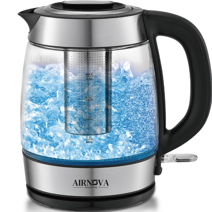 Fierbator apa cu filtru pentru ceai AIRNOVA® AquaVita, 2200W, Capacitate 2.0L, Filtru detasabil, Oprire automata, Inox/Negru