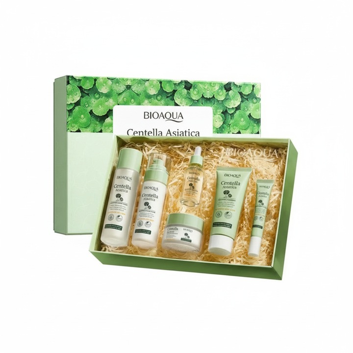 Set cadou Bioaqua Centella Asiatica pentru ingrijirea tenului, 5 piese, hidratare, 100g+120ml+30ml+80ml+50g+20g