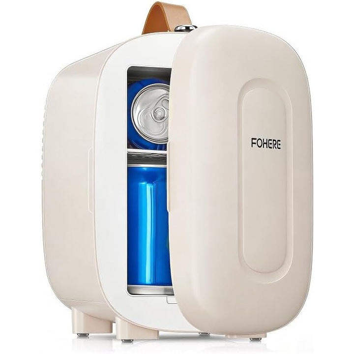 Frigider Mini FOHERE 5 litri / 6 doze, racire si incalzire, termoelectric 220 V AC/12 V DC, mini‑frigider pentru bauturi si produse de ingrijire a pielii, pentru dormitor, masina, camine, birou, alb [Clasa de energie E]