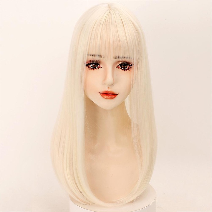 Peruca sintetica argintie, 50cm lungime, 13cm breton, pentru uz zilnic si cosplay