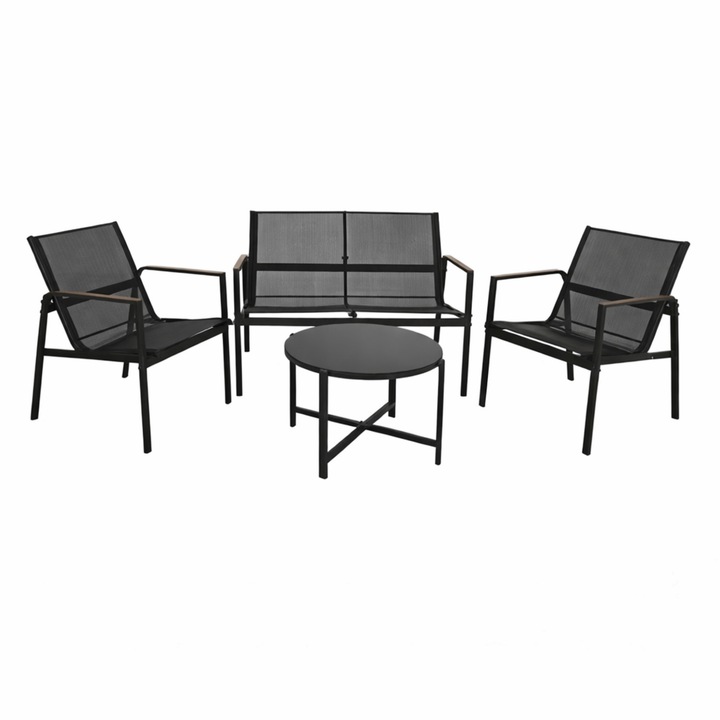 Set mobilier gradina VarioShop 4 piese negru, canapea + 2 fotolii + masa sticla securizata, rezistent la exterior, ideal balcon si terasa