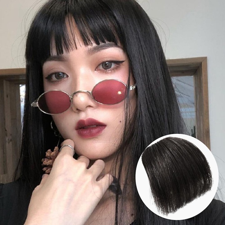 Bangs din par uman, negru, 12cm, set de extensii pentru par