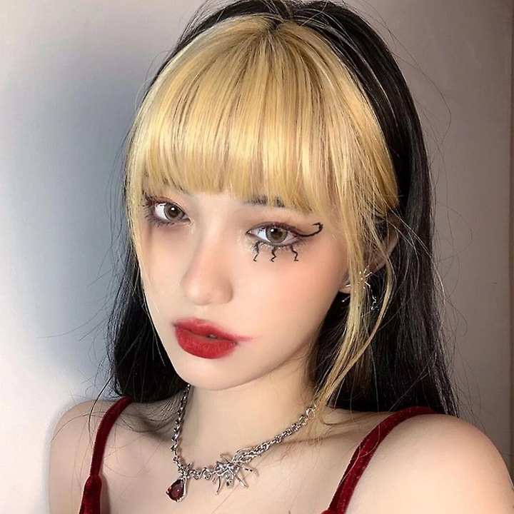 Peruca scurta, accesorii par, 12cm breton, 20cm taieturi laterale, multicolor