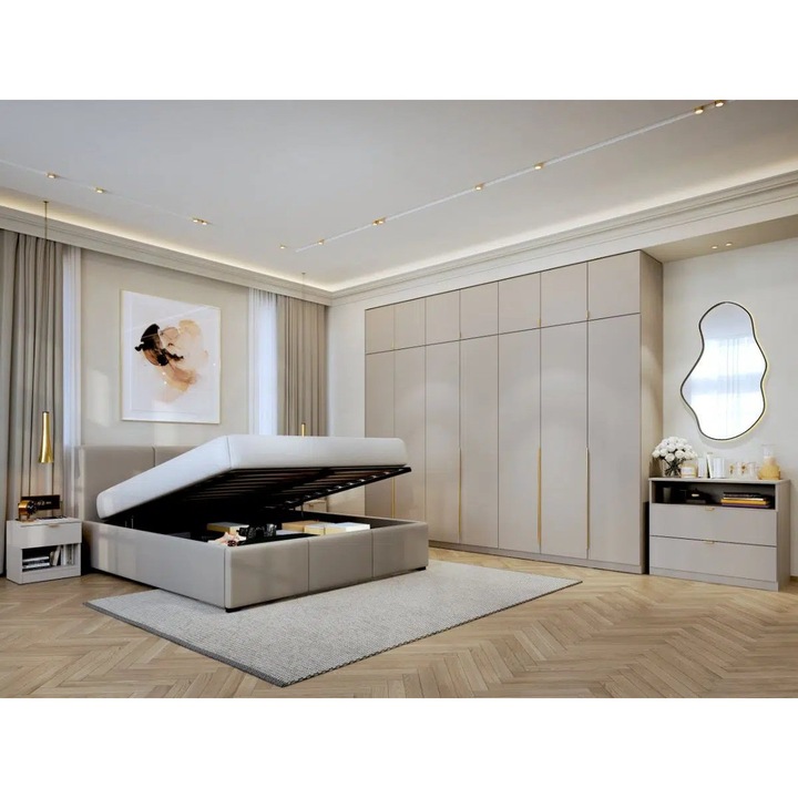 Set Dormitor Auris, Bej/Casmir, C28, Pat Rabatabil 160x200, 2 Noptiere, Comoda si Dulap Inalt 2.87m cu Soft close